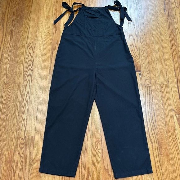 Lulus Tie Strap Beachy Linen Blend Straight Leg Preppy Black Overalls Jumpsuit L - Picture 15 of 16